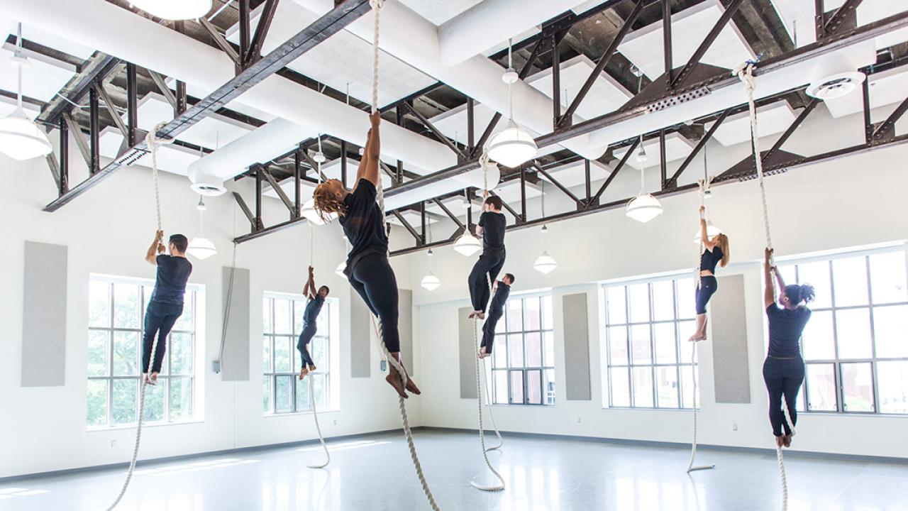 Dancers climb from ropes hanging from a ceiling